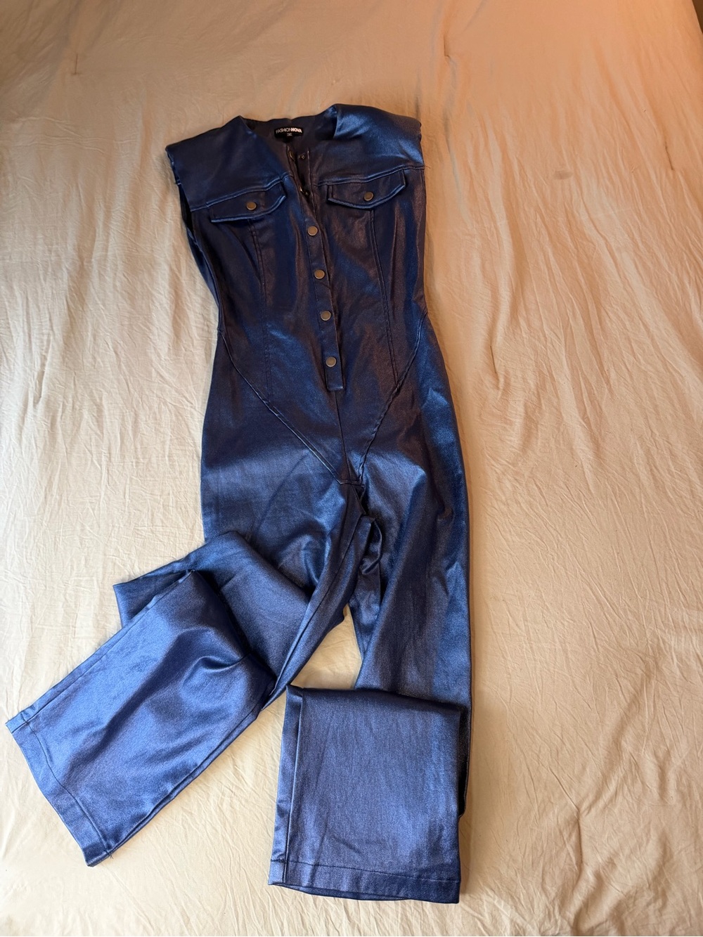 Fashion Nova Metallic Navy Blue Sleeveless Jumpsuit - Picture 1 of 8